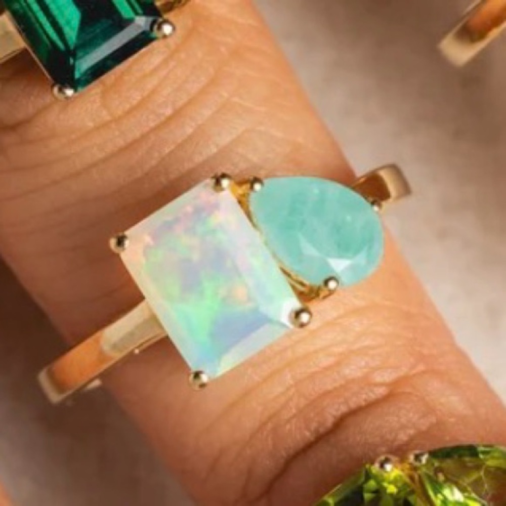 Local Eclectic Solid Gold Toi et Moi Ring - Ethiopian Opal and Amazonite